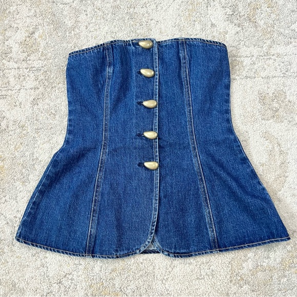 NWT Meshki Lennox Denim Strapless Top & Wide Leg Jeans Set XXS Tall Fit Blue - Picture 8 of 11